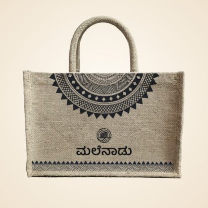 Small Jute Bag with ಮಲೆನಾಡು Kannada logo and traditional motif