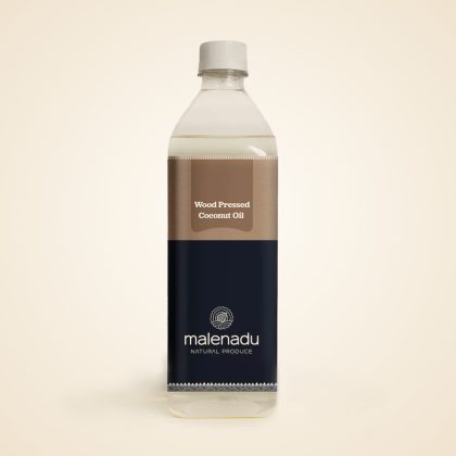 Wood Pressed Coconut Oil bottle by malenadu, front view