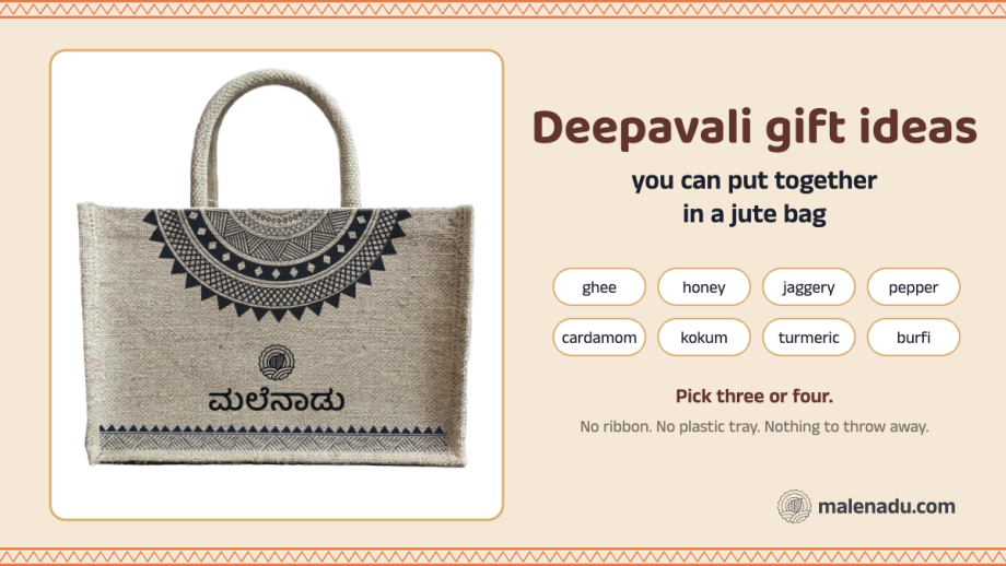 Deepavali gift ideas put together in the malenadu jute bag with ghee, honey, jaggery and whole spices