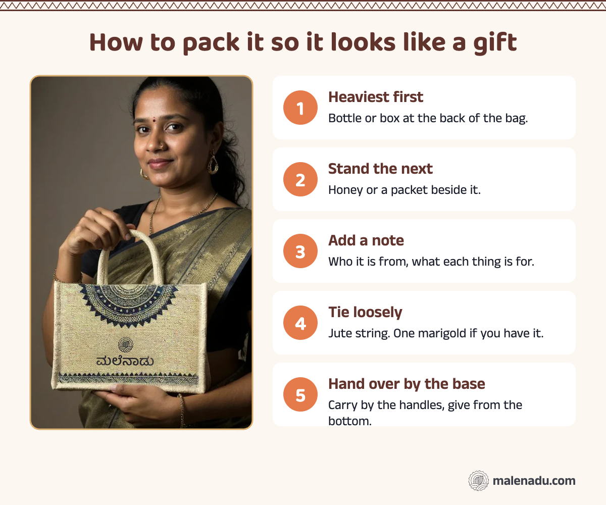 Five steps to pack a jute bag Diwali gift hamper: heaviest first, stand the next, add a note, tie loosely, hand over by the base