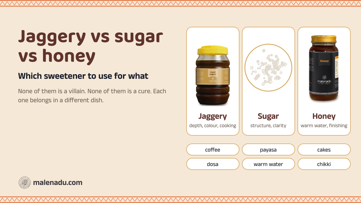 Jaggery vs sugar vs honey: malenadu liquid jaggery, white sugar and forest honey side by side with the dishes each one suits