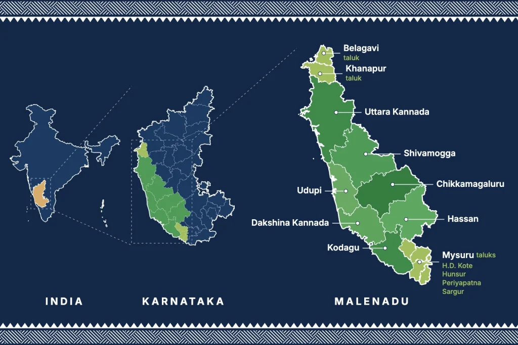 Map of Malenadu: India with Karnataka highlighted, then Karnataka with the Malenadu region, then a close-up of Uttara Kannada, Shivamogga, Chikkamagaluru, Hassan, Kodagu, Udupi and Dakshina Kannada districts with Belagavi, Khanapur and Mysuru (H.D. Kote, Hunsur, Periyapatna, Sargur) taluks