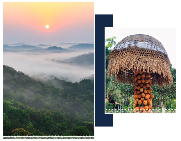 Misty Malenadu hills at sunrise and a traditional hut